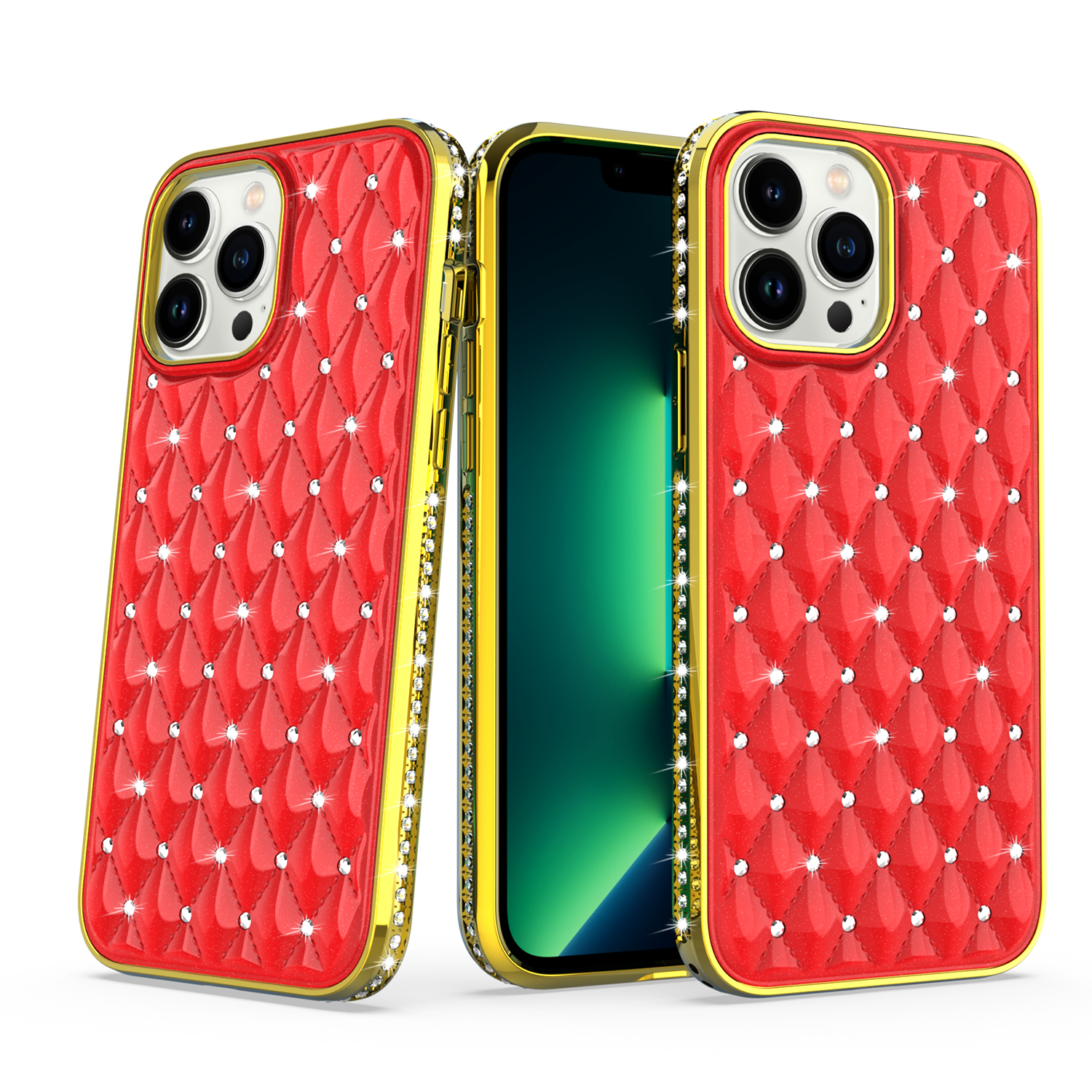 for apple iphone 14 pro 6.1" radiant chrome diamonds hybrid case cover red