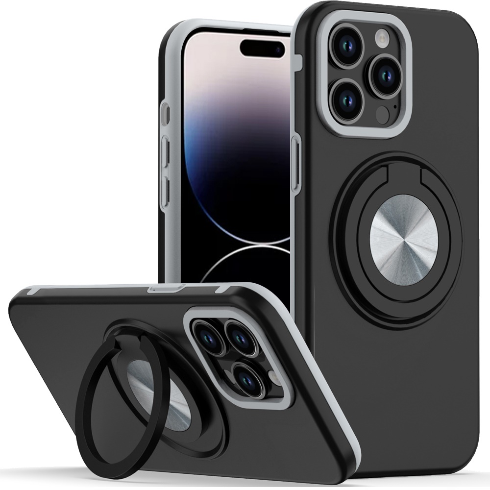 for iphone 14 pro max 6.7" metal cd pattern matte finished hybrid with rotational ring [car mount friendly] case black
