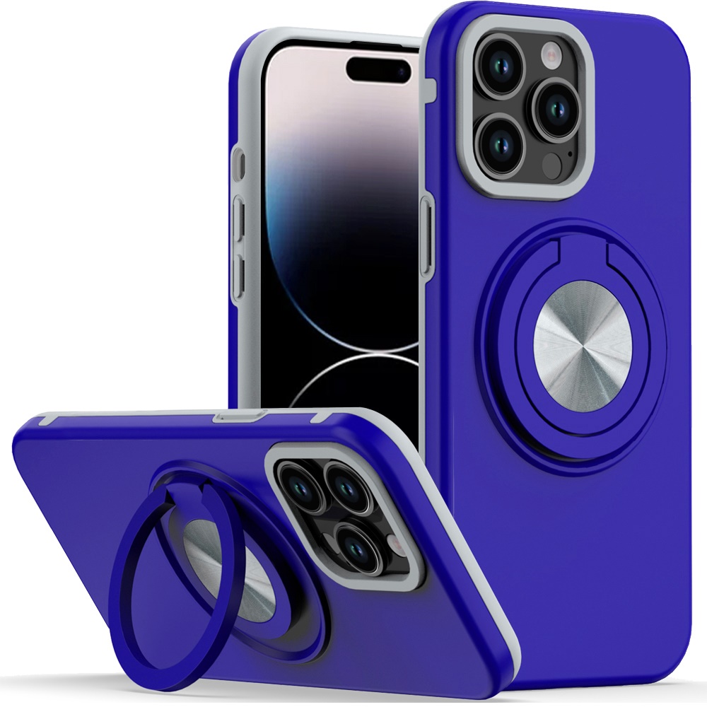for iphone 14 pro max 6.7" metal cd pattern matte finished hybrid with rotational ring [car mount friendly] case blue