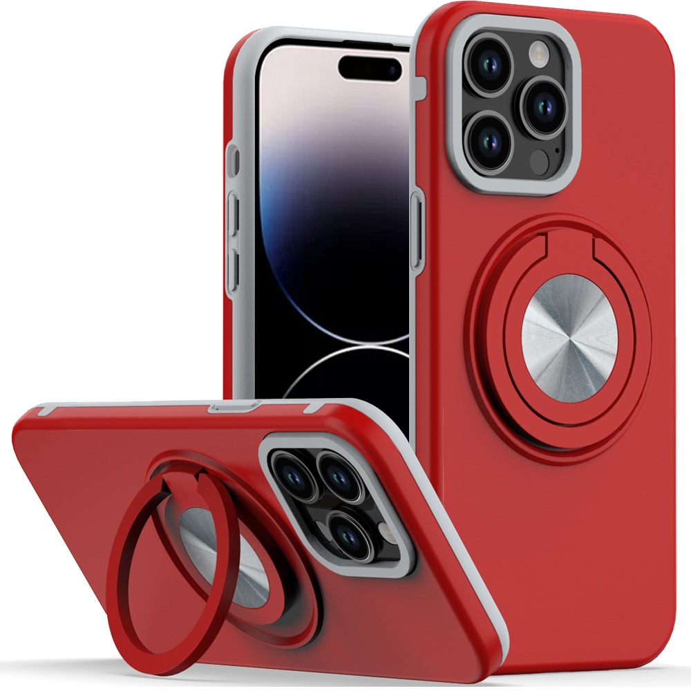 for iphone 14 pro max 6.7" metal cd pattern matte finished hybrid with rotational ring [car mount friendly] case red