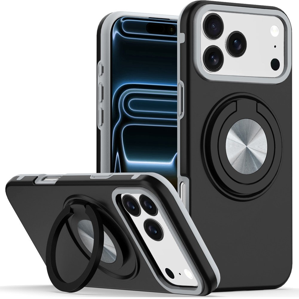 for iphone 17 pro max metal cd pattern matte finished hybrid with rotational ring [car mount friendly] case black