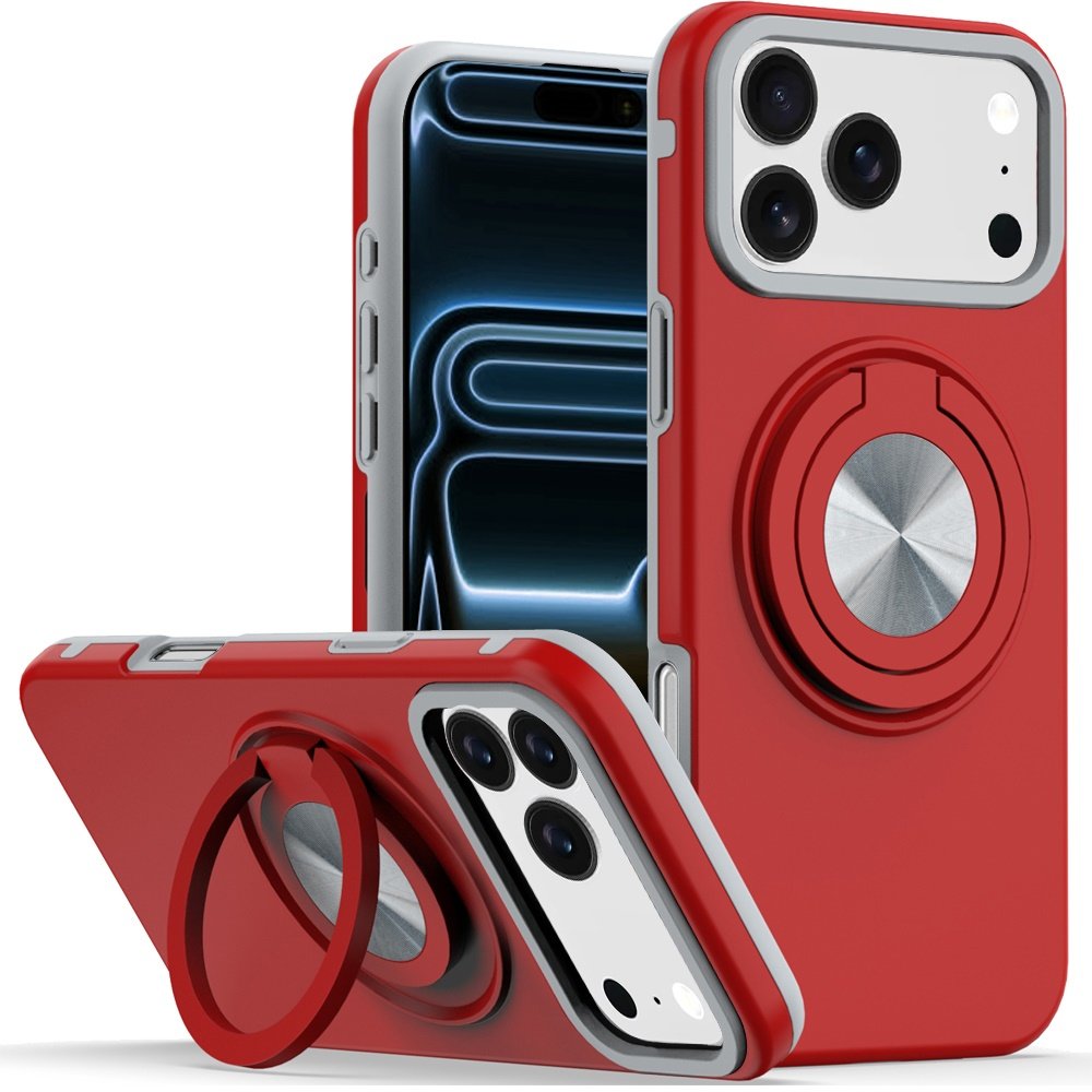 for iphone 17 pro max metal cd pattern matte finished hybrid with rotational ring [car mount friendly] case red
