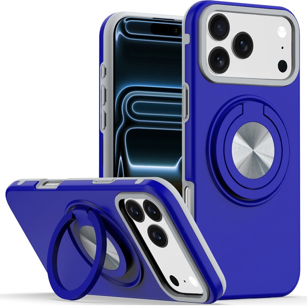 for iphone 17 pro metal cd pattern matte finished hybrid with rotational ring [car mount friendly] case blue