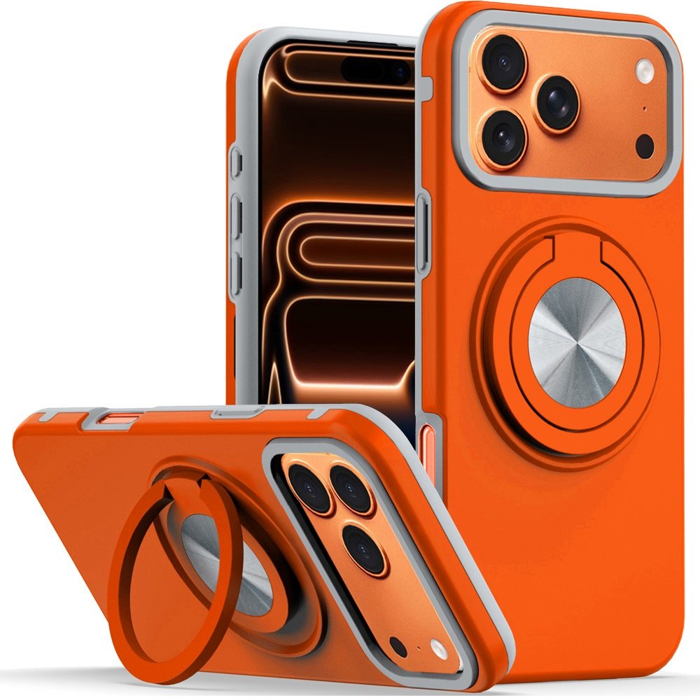 for iphone 17 pro metal cd pattern matte finished hybrid with rotational ring [car mount friendly] case cosmic orange