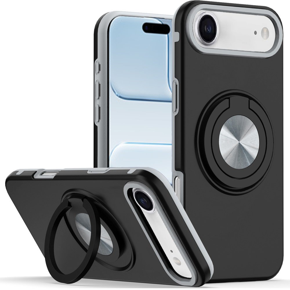 for iphone 17 air metal cd pattern matte finished hybrid with rotational ring [car mount friendly] case black
