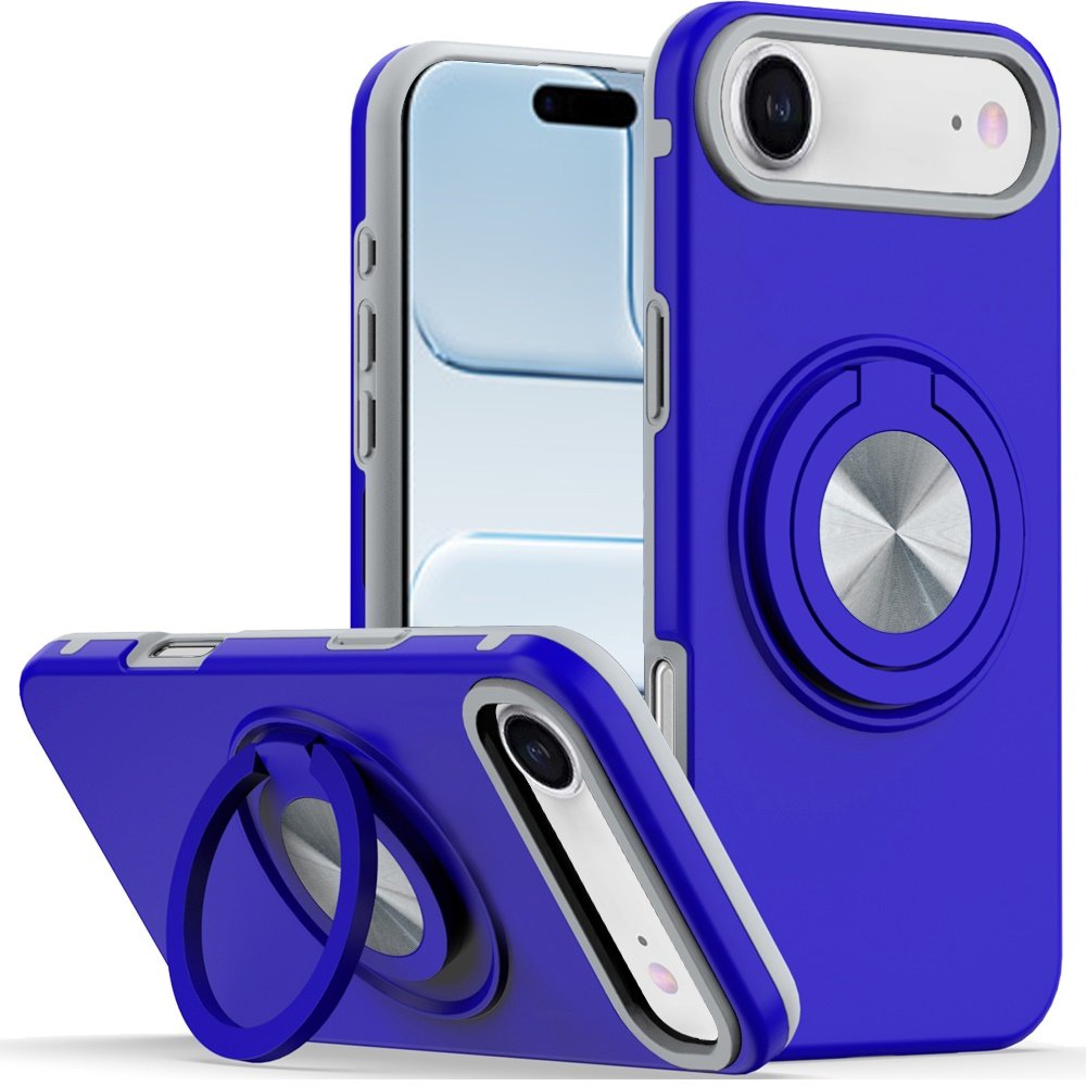 for iphone 17 air metal cd pattern matte finished hybrid with rotational ring [car mount friendly] case blue