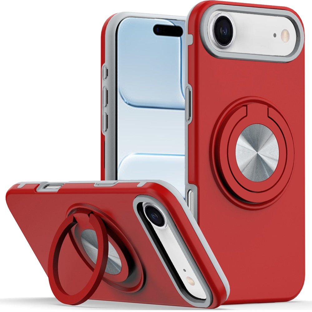 for iphone 17 air metal cd pattern matte finished hybrid with rotational ring [car mount friendly] case red
