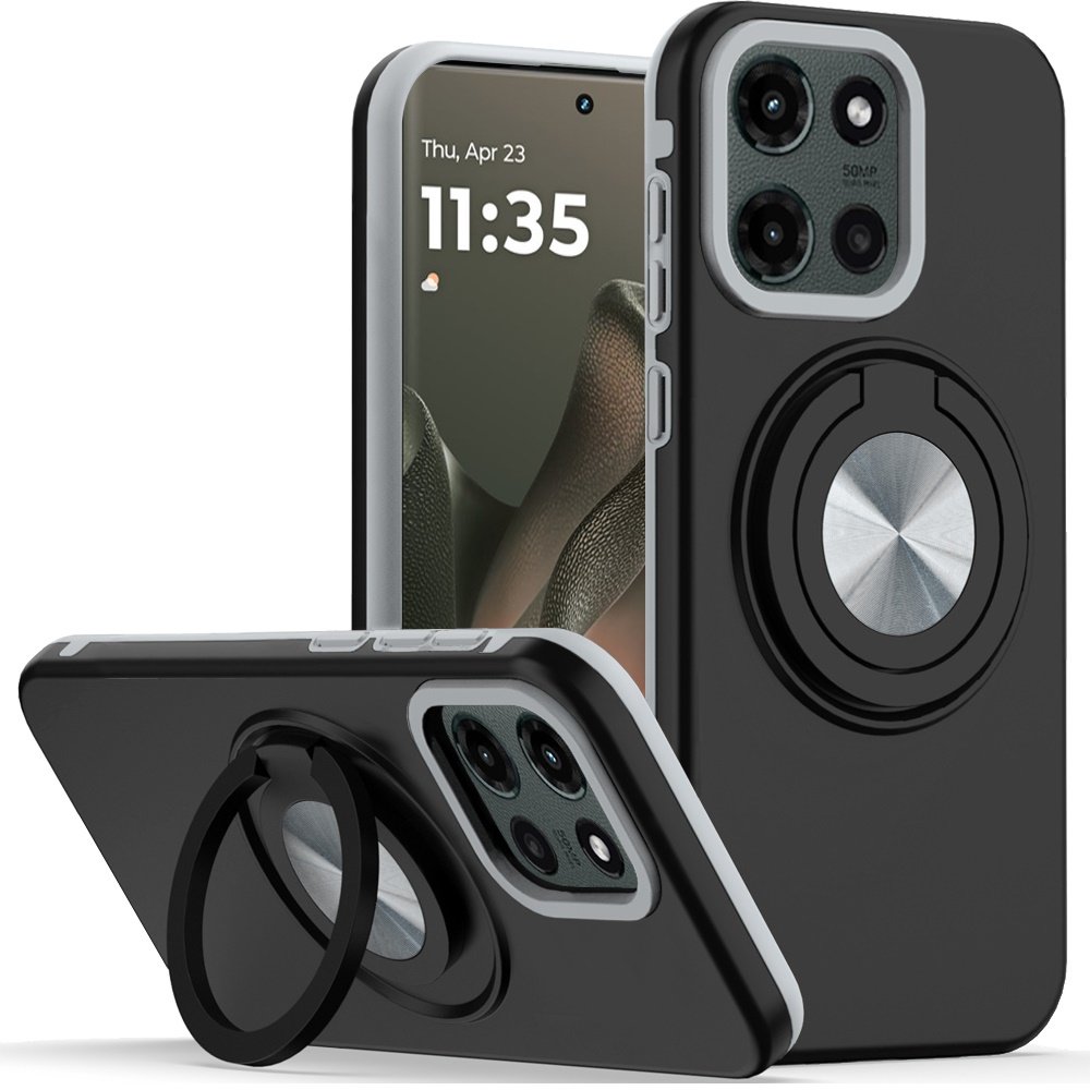 for motorola edge 2025 metal cd pattern matte finished hybrid with rotational ring [car mount friendly] case black