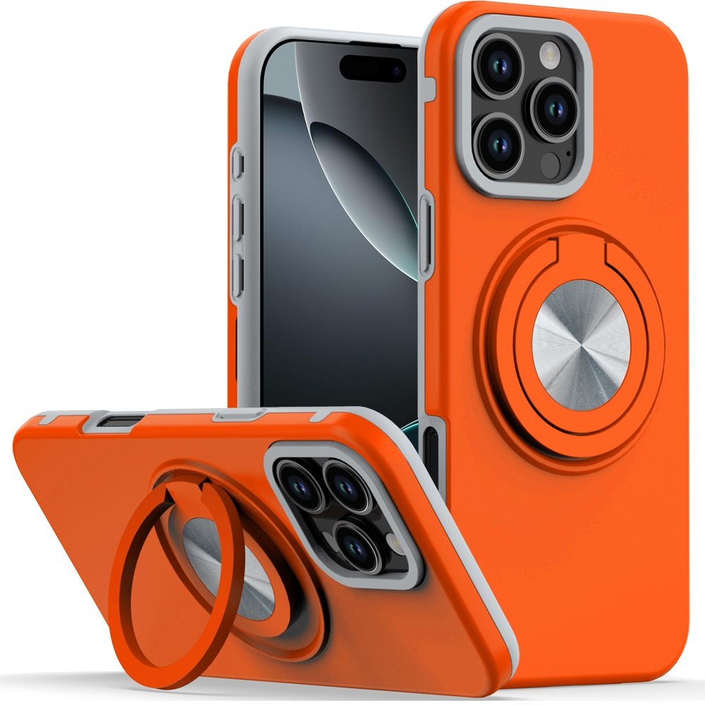 for iphone 16 pro max 6.9 inch metal cd pattern matte finished hybrid with rotational ring [car mount friendly] case cosmic orange