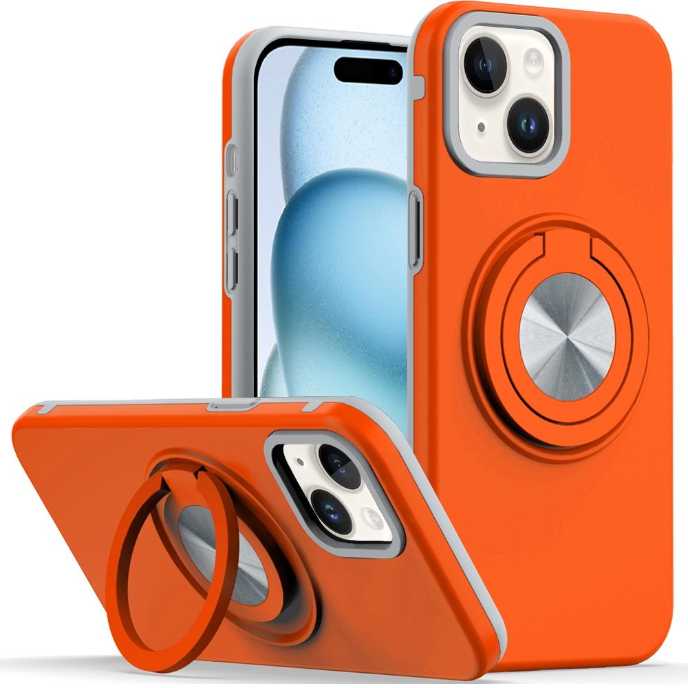 for iphone 15 plus/iphone 14 plus metal cd pattern matte finished hybrid with rotational ring [car mount friendly] case cosmic orange