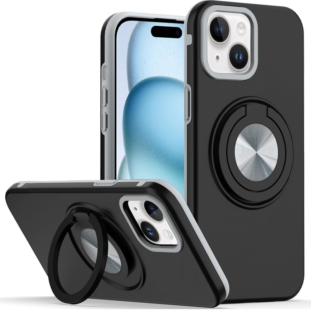 for iphone 15 metal cd pattern matte finished hybrid with rotational ring [car mount friendly] case black