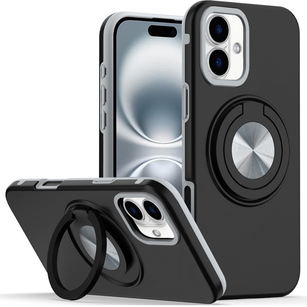 for iphone 16 6.1 inch metal cd pattern matte finished hybrid with rotational ring [car mount friendly] case black