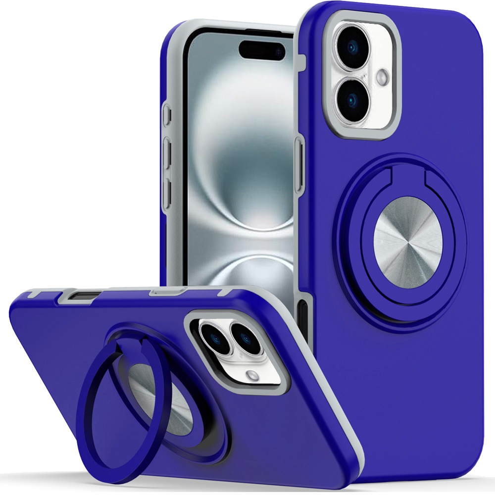 for iphone 16 6.1 inch metal cd pattern matte finished hybrid with rotational ring [car mount friendly] case blue
