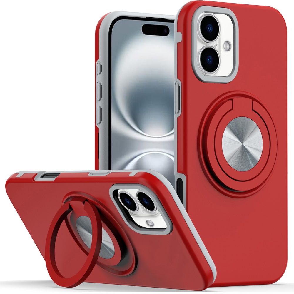 for iphone 16 6.1 inch metal cd pattern matte finished hybrid with rotational ring [car mount friendly] case red
