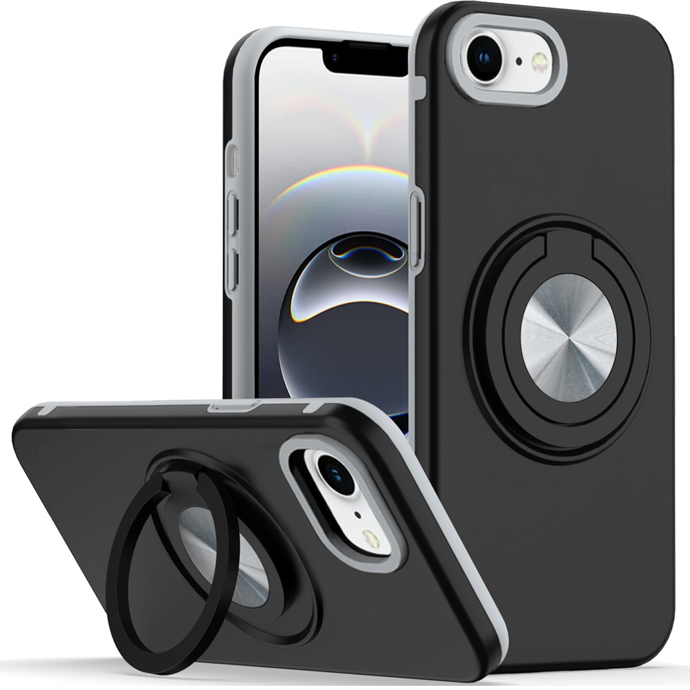for iphone 17e / 16e / se4 metal cd pattern matte finished hybrid with rotational ring [car mount friendly] case black
