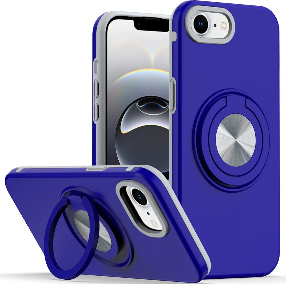 for iphone 17e / 16e / se4 metal cd pattern matte finished hybrid with rotational ring [car mount friendly] case blue