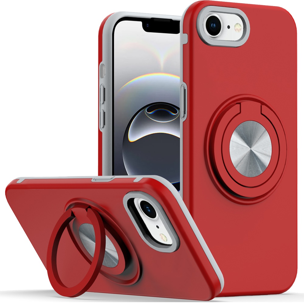 for iphone 17e / 16e / se4 metal cd pattern matte finished hybrid with rotational ring [car mount friendly] case red