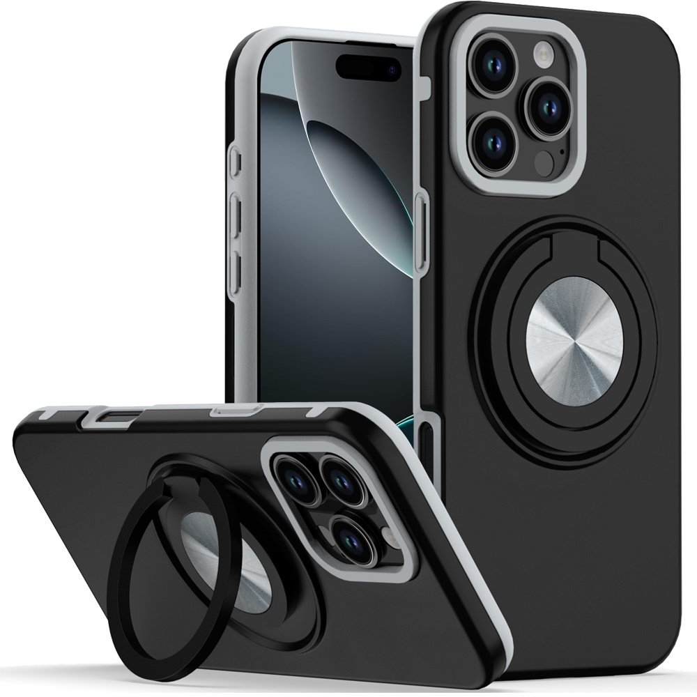 for iphone 16 pro 6.3 inch metal cd pattern matte finished hybrid with rotational ring [car mount friendly] case black