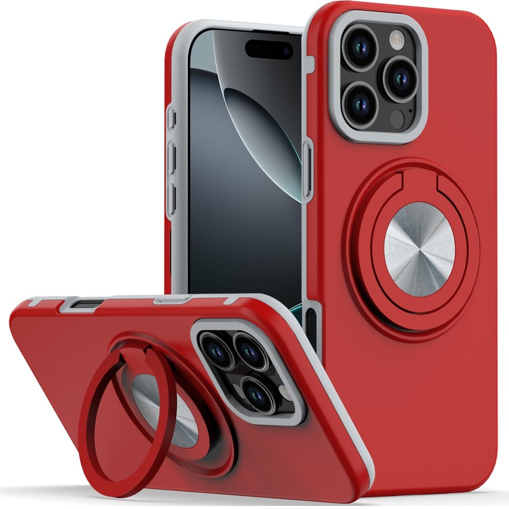 for iphone 16 pro 6.3 inch metal cd pattern matte finished hybrid with rotational ring [car mount friendly] case red