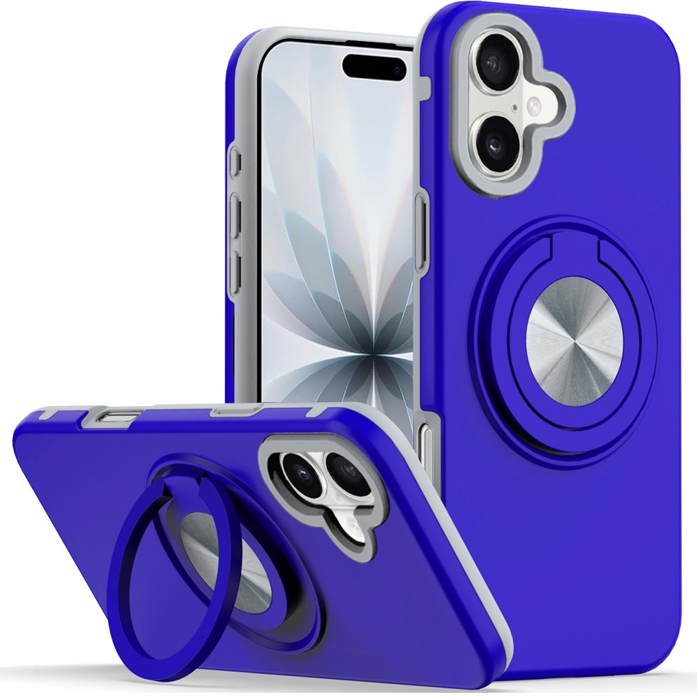 for iphone 17 metal cd pattern matte finished hybrid with rotational ring [car mount friendly] case blue