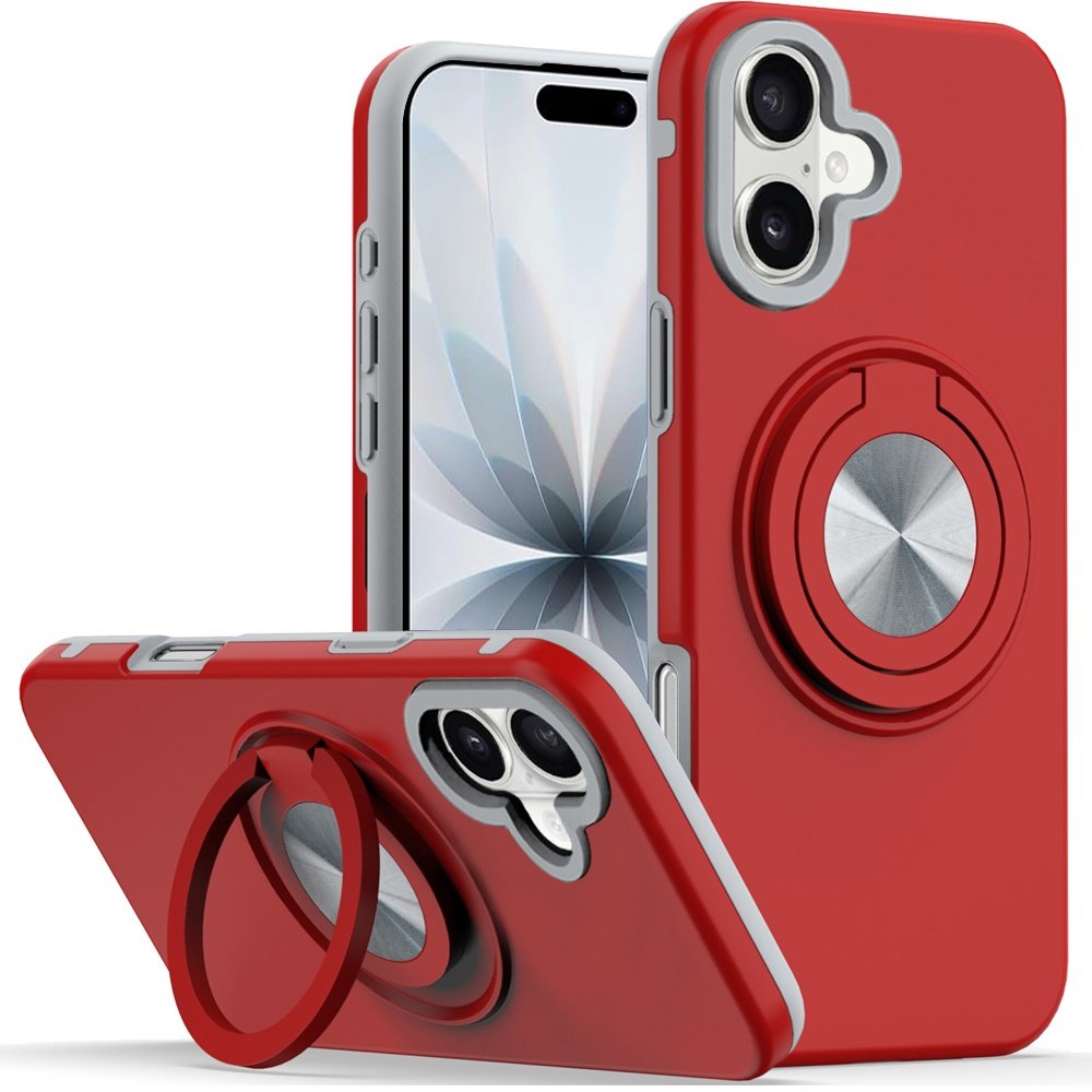 for iphone 17 metal cd pattern matte finished hybrid with rotational ring [car mount friendly] case red