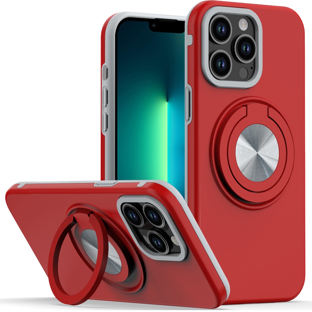 for iphone 13 pro max metal cd pattern matte finished hybrid with rotational ring [car mount friendly] case red