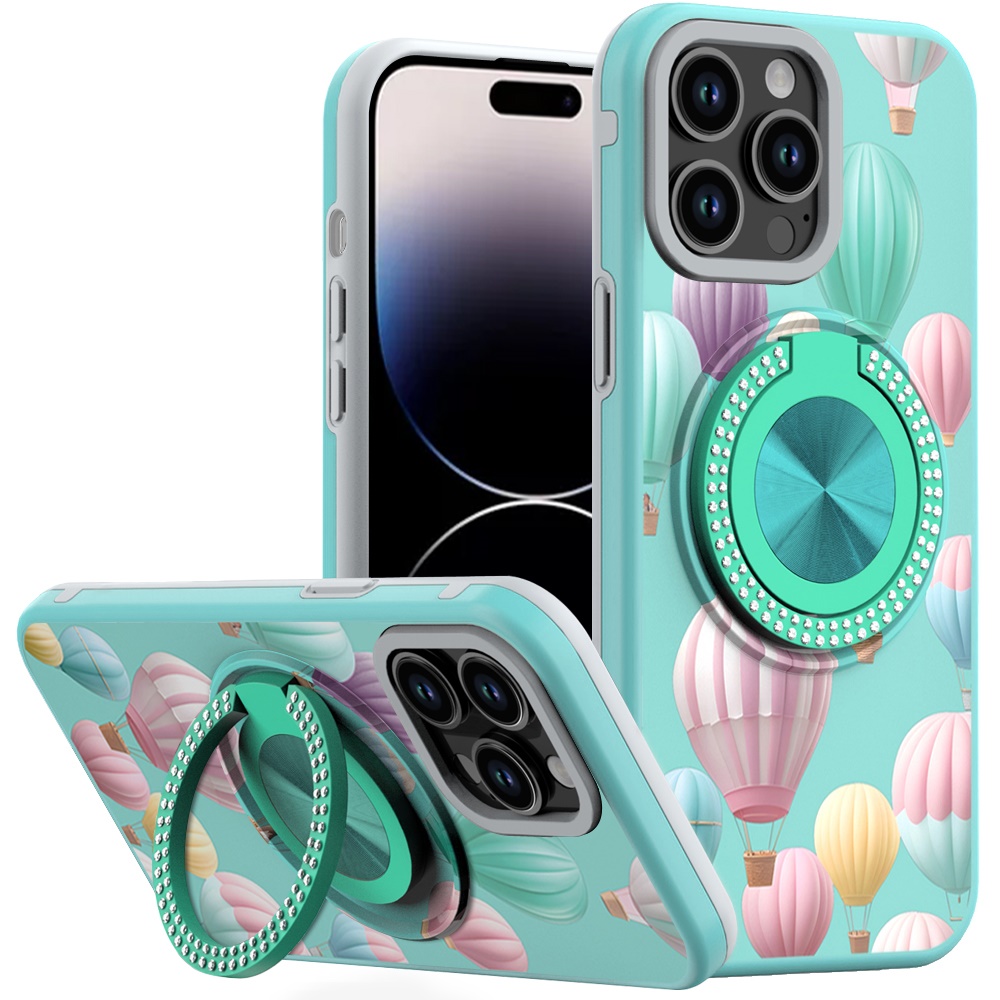 for iphone 14 pro max 6.7" metal diamond cd pattern design matte finished hybrid with rotational ring [car mount friendly] case hot air balloon