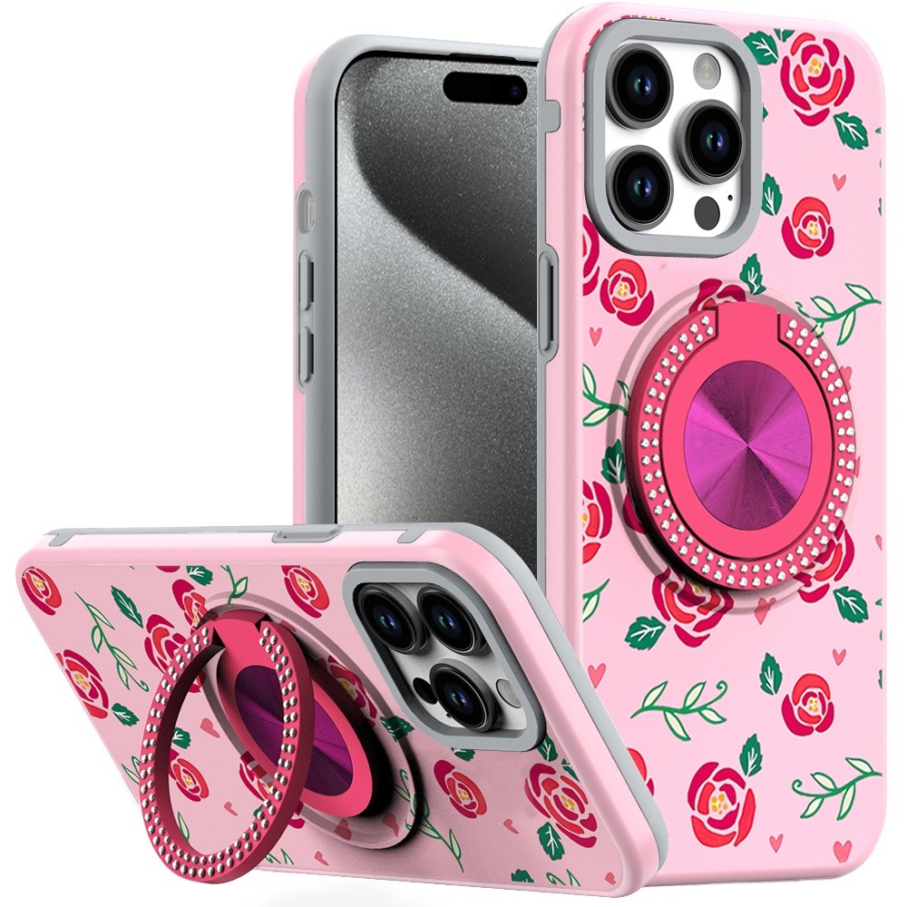for ip15 pro max metal diamond cd pattern design matte finished hybrid with rotational ring [car mount friendly] case 10