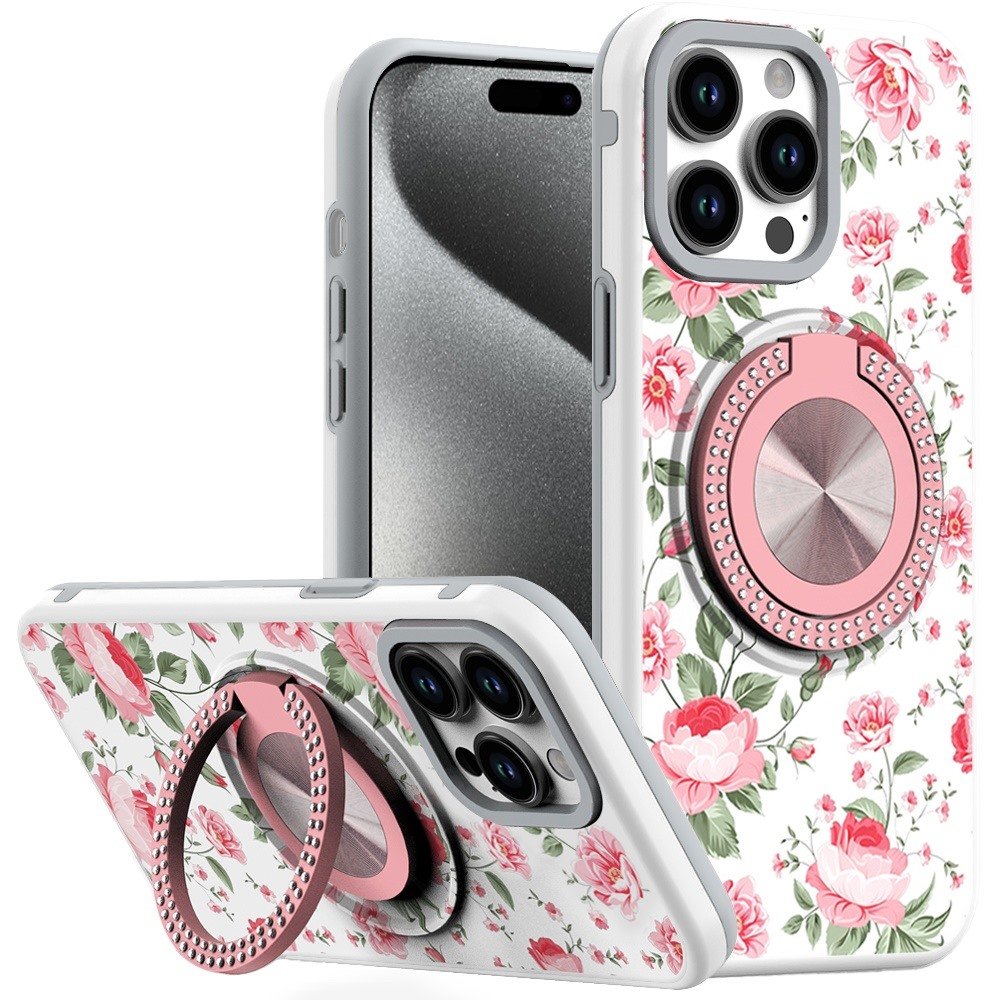 for ip15 pro max metal diamond cd pattern design matte finished hybrid with rotational ring [car mount friendly] case 11