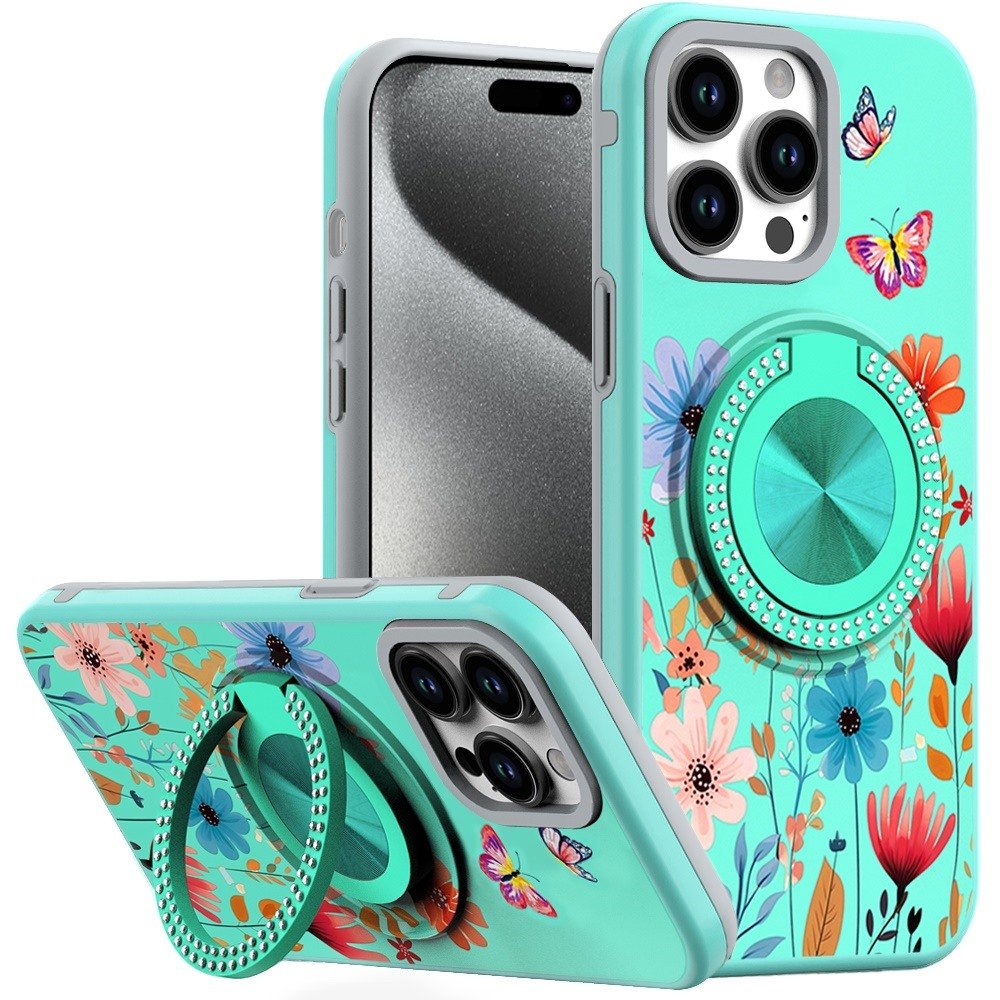 for ip15 pro max metal diamond cd pattern design matte finished hybrid with rotational ring [car mount friendly] case 12