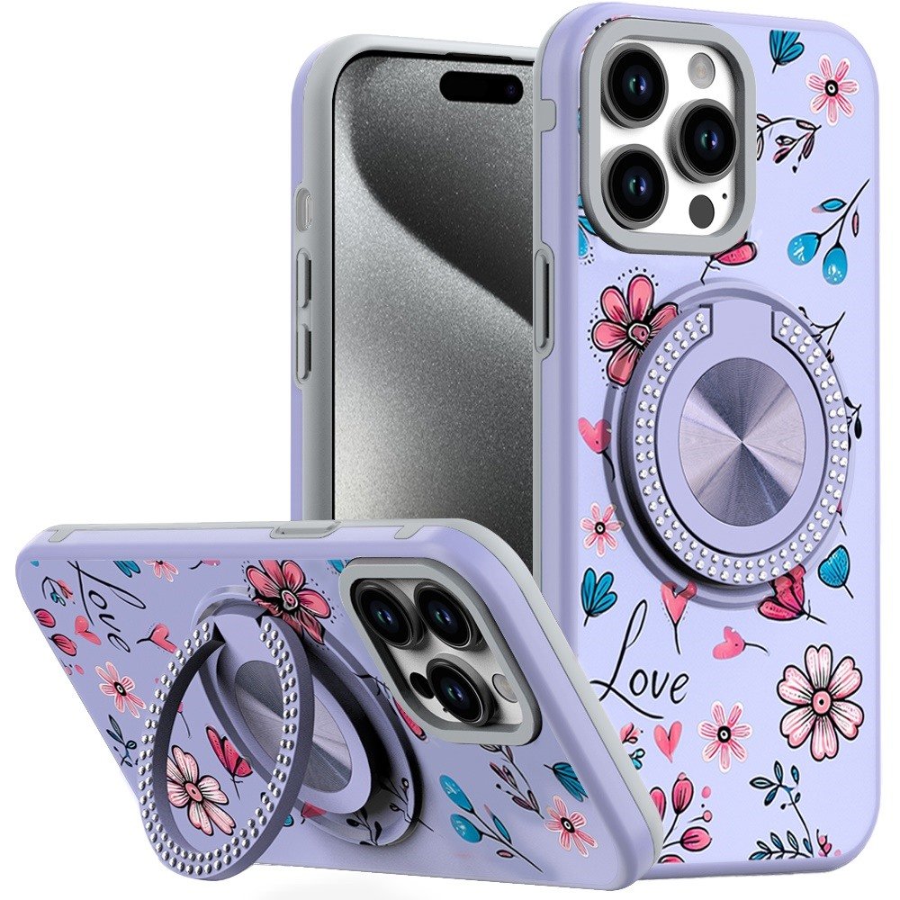 for ip15 pro max metal diamond cd pattern design matte finished hybrid with rotational ring [car mount friendly] case 13