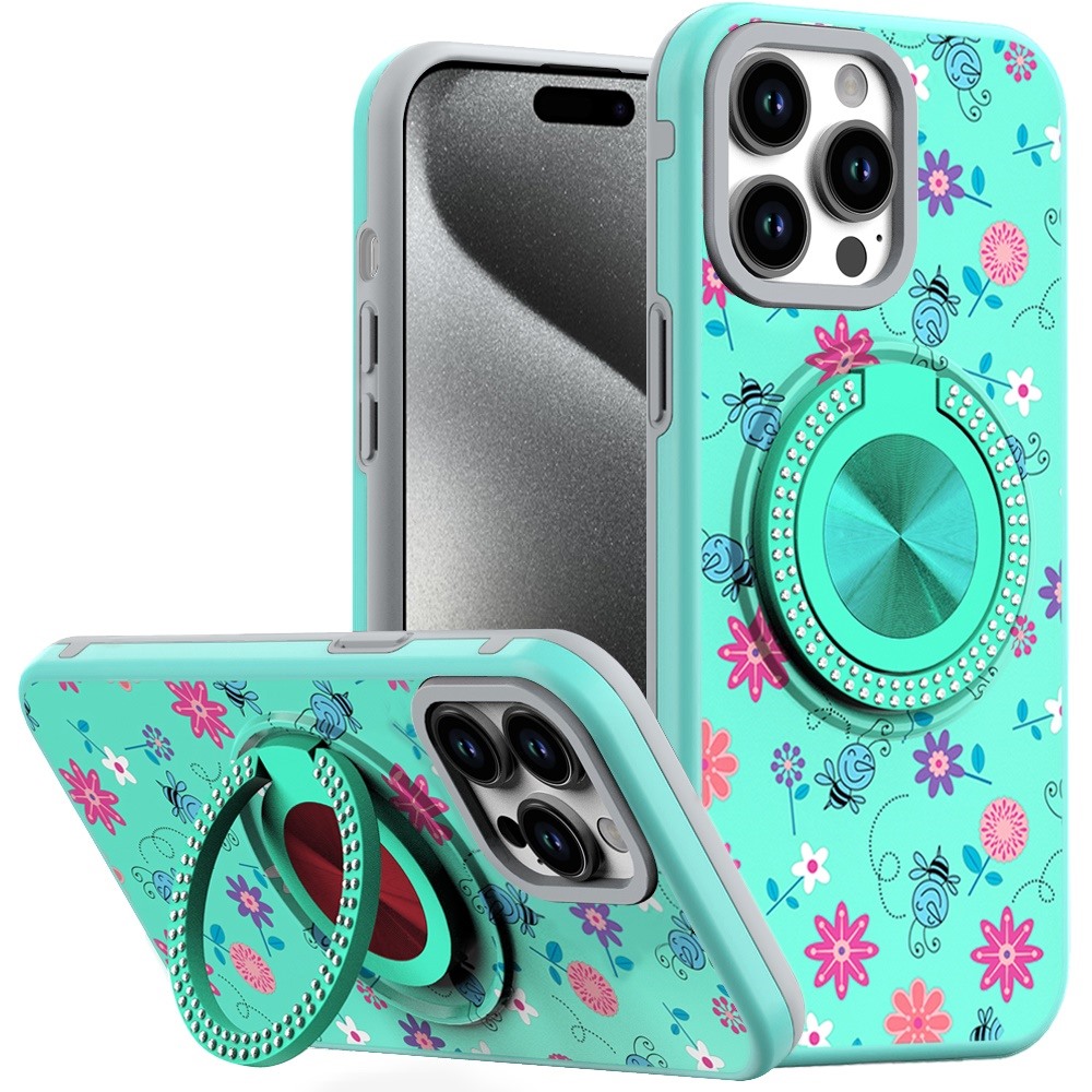 for ip15 pro max metal diamond cd pattern design matte finished hybrid with rotational ring [car mount friendly] case 6