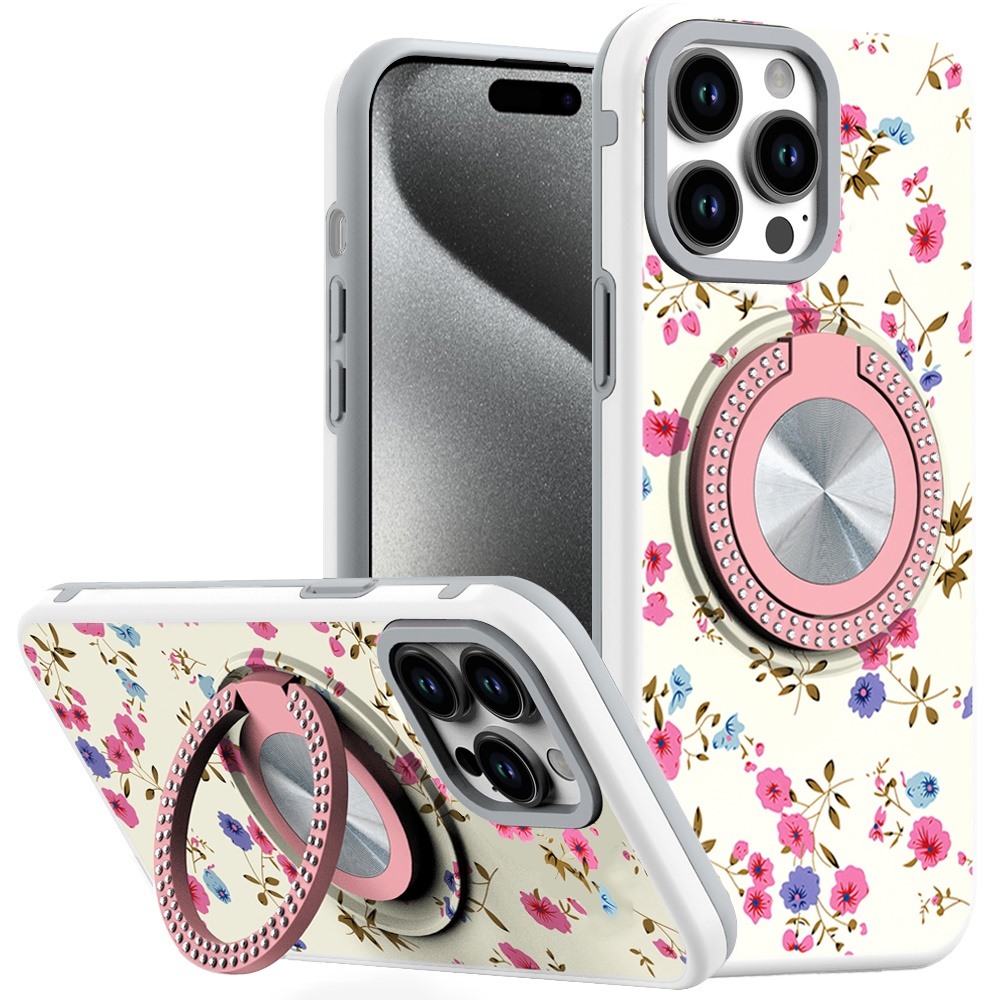 for ip15 pro max metal diamond cd pattern design matte finished hybrid with rotational ring [car mount friendly] case 8