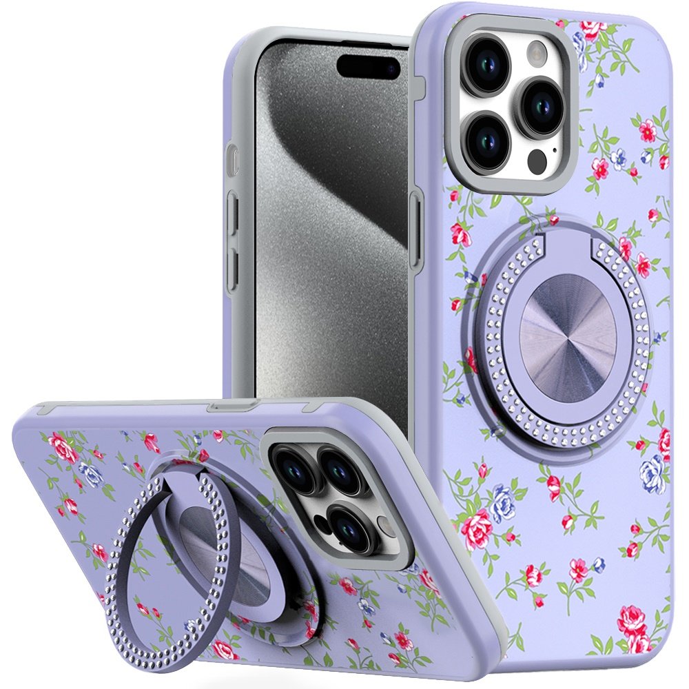 for ip15 pro max metal diamond cd pattern design matte finished hybrid with rotational ring [car mount friendly] case 9