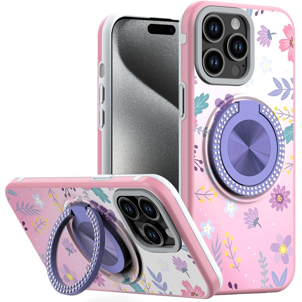 for ip15 pro max metal diamond cd pattern design matte finished hybrid with rotational ring [car mount friendly] case floral c