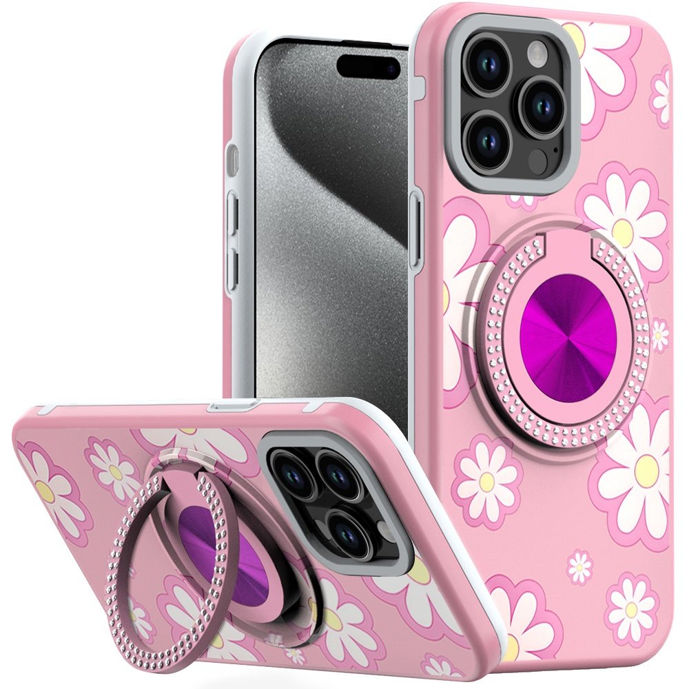 for ip15 pro max metal diamond cd pattern design matte finished hybrid with rotational ring [car mount friendly] case floral d