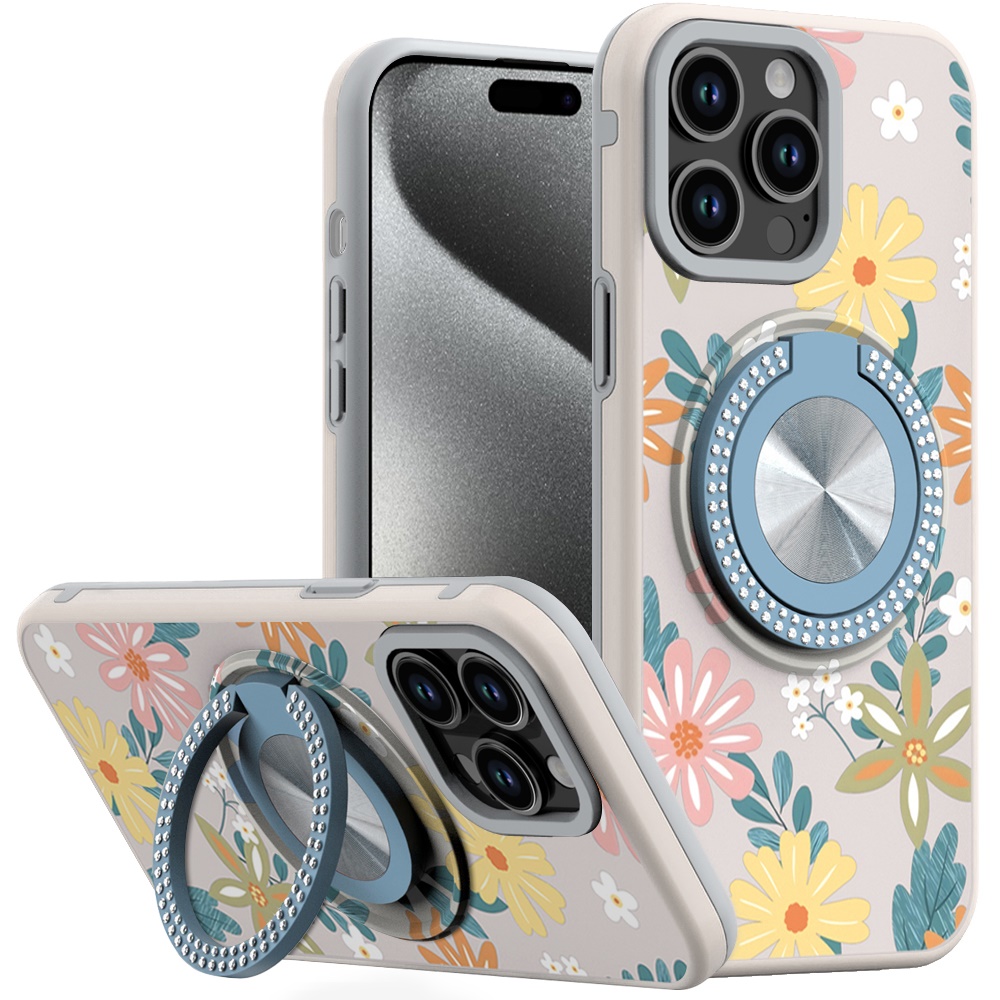 for ip15 pro max metal diamond cd pattern design matte finished hybrid with rotational ring [car mount friendly] case floral e