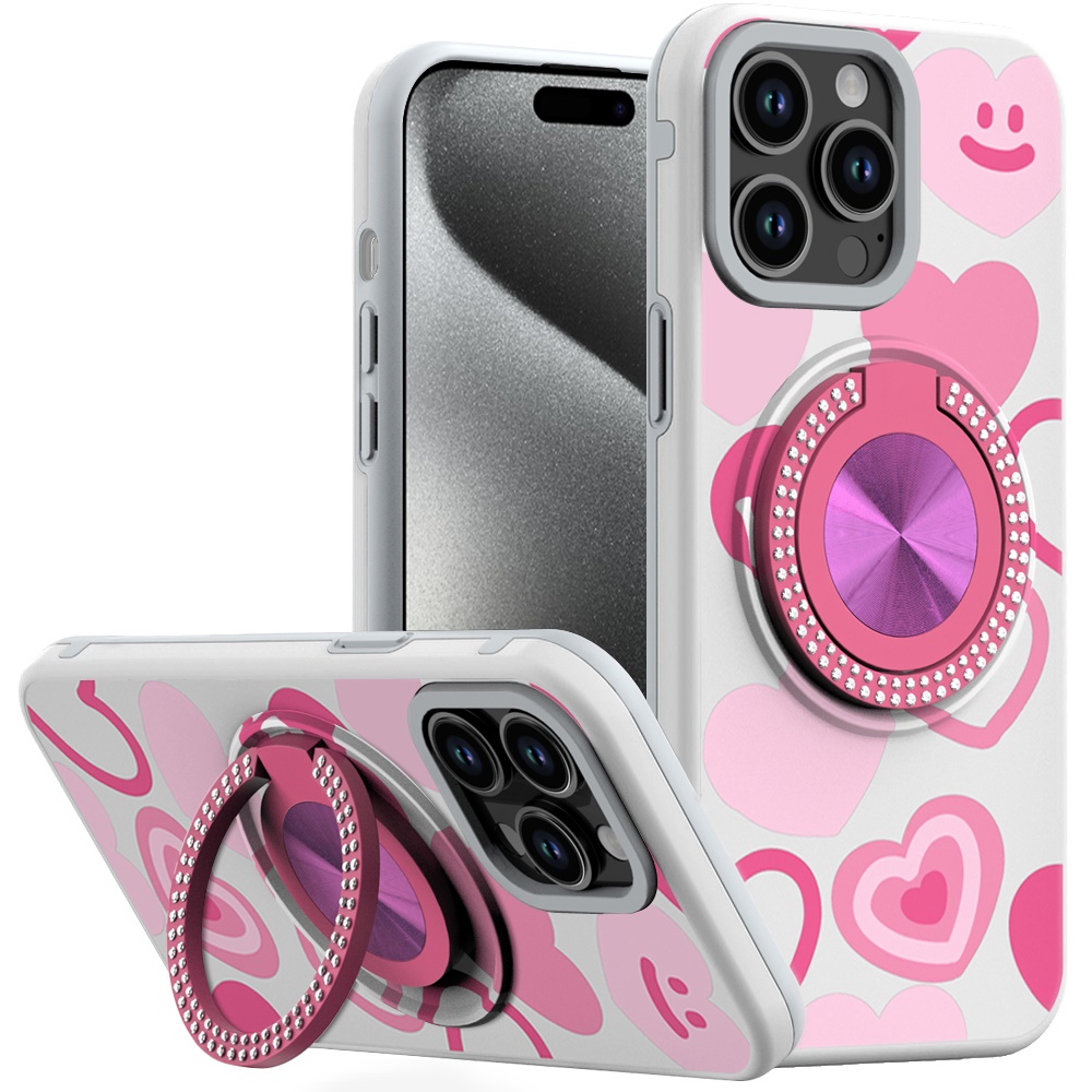 for ip15 pro max metal diamond cd pattern design matte finished hybrid with rotational ring [car mount friendly] case hearts
