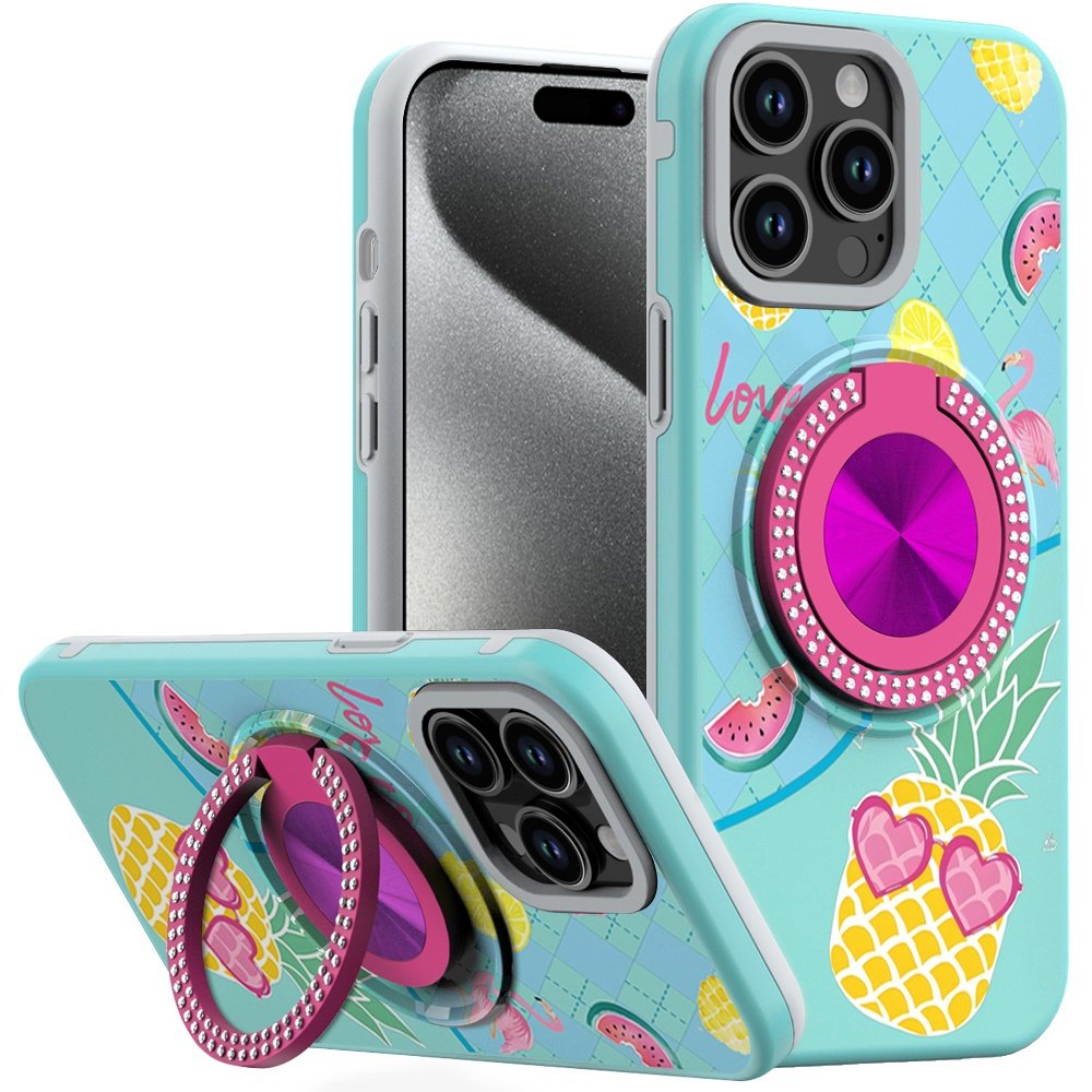 for ip15 pro max metal diamond cd pattern design matte finished hybrid with rotational ring [car mount friendly] case pineapple