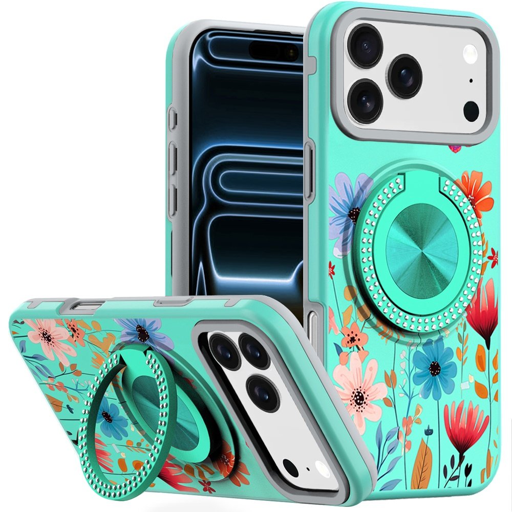 for iphone 17 pro max metal diamond cd pattern design matte finished hybrid with rotational ring [car mount friendly] case 12