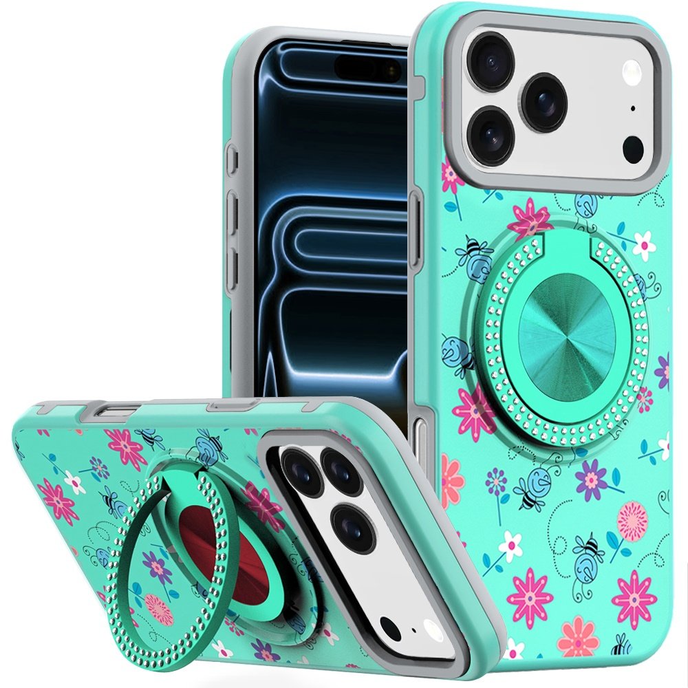 for iphone 17 pro max metal diamond cd pattern design matte finished hybrid with rotational ring [car mount friendly] case 6