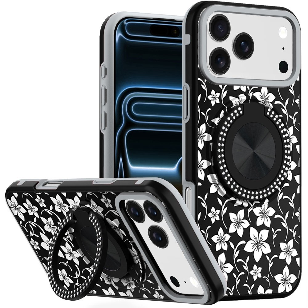 for iphone 17 pro max metal diamond cd pattern design matte finished hybrid with rotational ring [car mount friendly] case 7