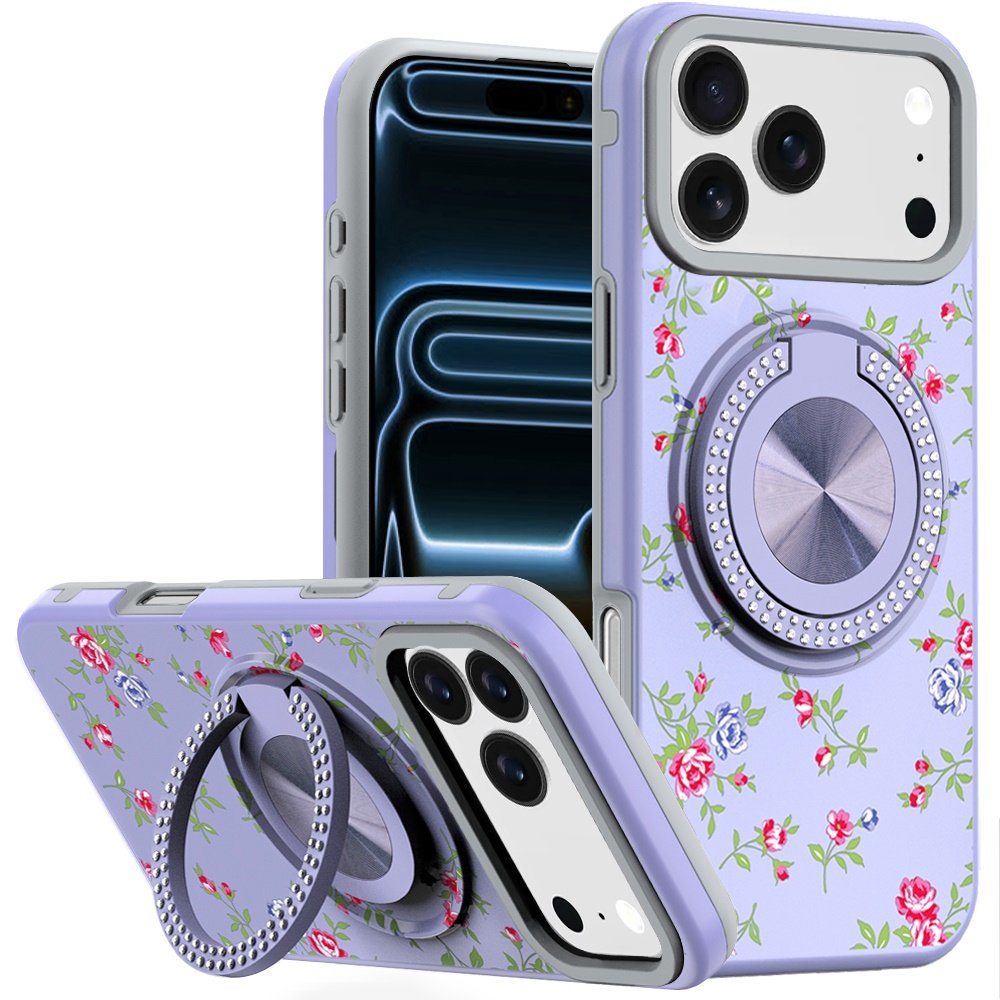 for iphone 17 pro max metal diamond cd pattern design matte finished hybrid with rotational ring [car mount friendly] case 9