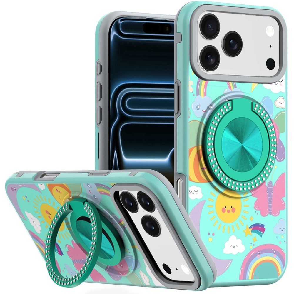 for iphone 17 pro max metal diamond cd pattern design matte finished hybrid with rotational ring [car mount friendly] case aqua with celestial sun rainbows