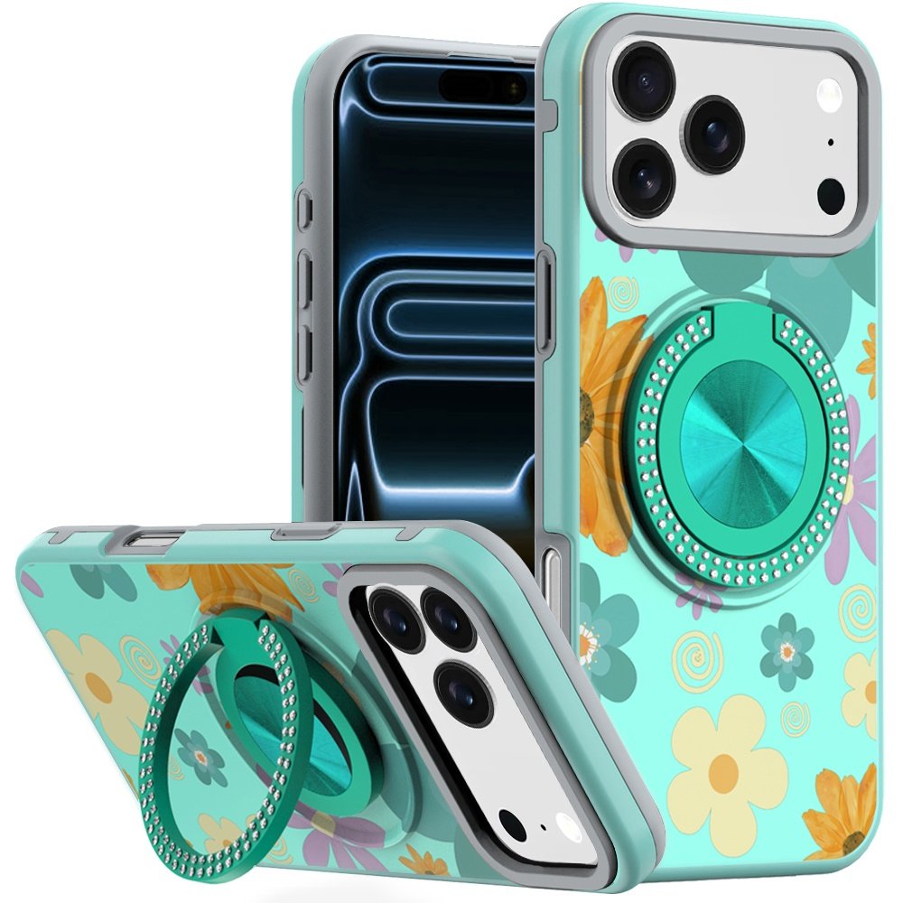 for iphone 17 pro max metal diamond cd pattern design matte finished hybrid with rotational ring [car mount friendly] case aqua floral & leaves