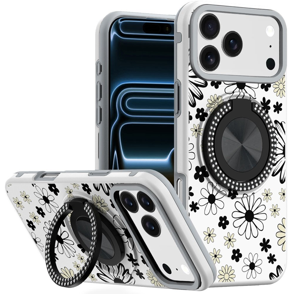 for iphone 17 pro max metal diamond cd pattern design matte finished hybrid with rotational ring [car mount friendly] case black & white floral