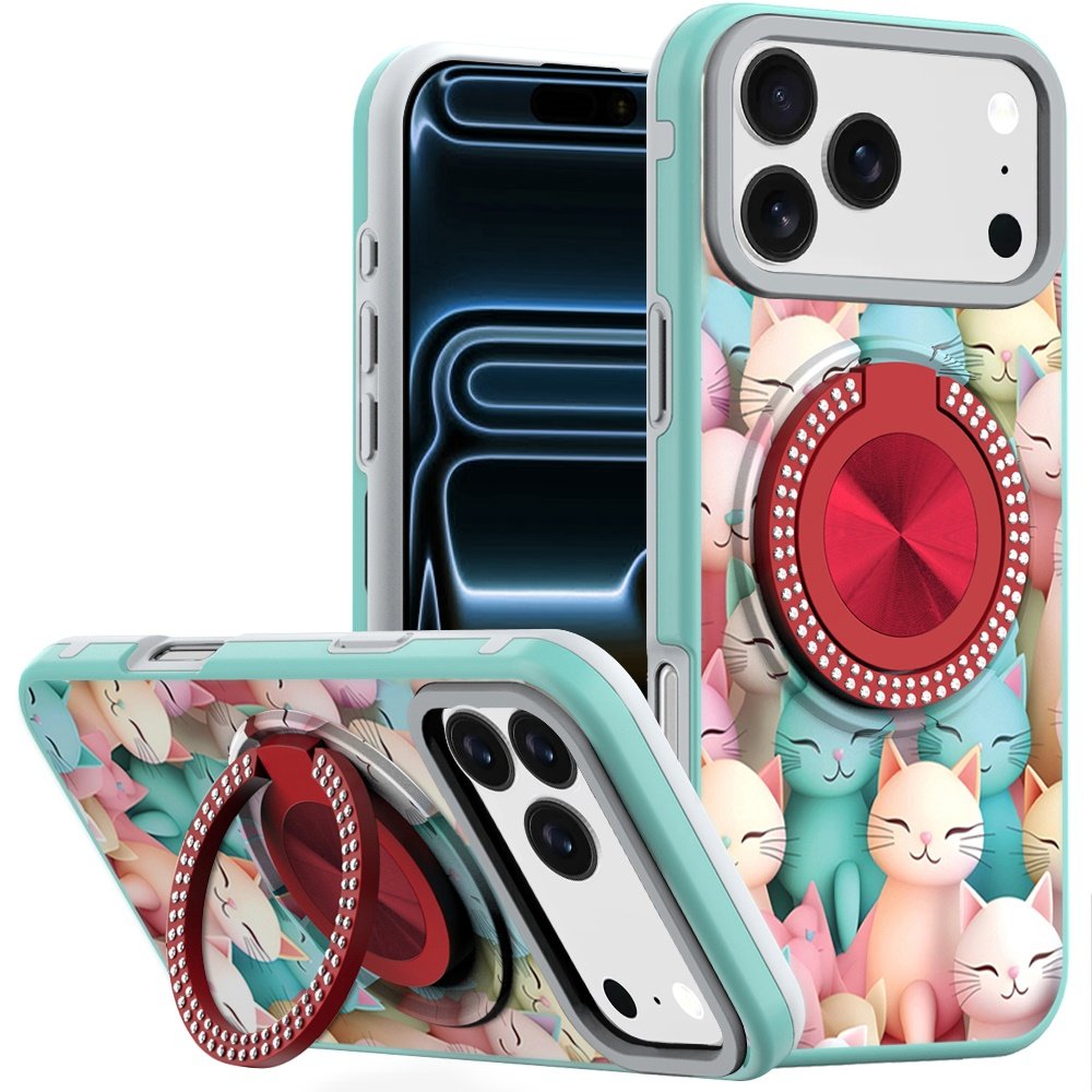 for iphone 17 pro max metal diamond cd pattern design matte finished hybrid with rotational ring [car mount friendly] case cats