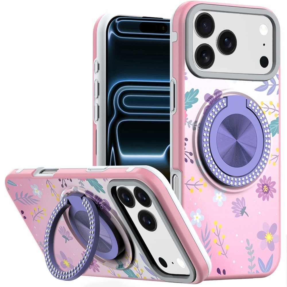 for iphone 17 pro max metal diamond cd pattern design matte finished hybrid with rotational ring [car mount friendly] case floral c