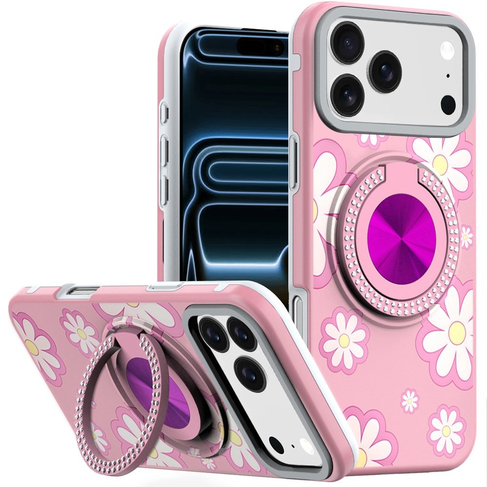 for iphone 17 pro max metal diamond cd pattern design matte finished hybrid with rotational ring [car mount friendly] case floral d