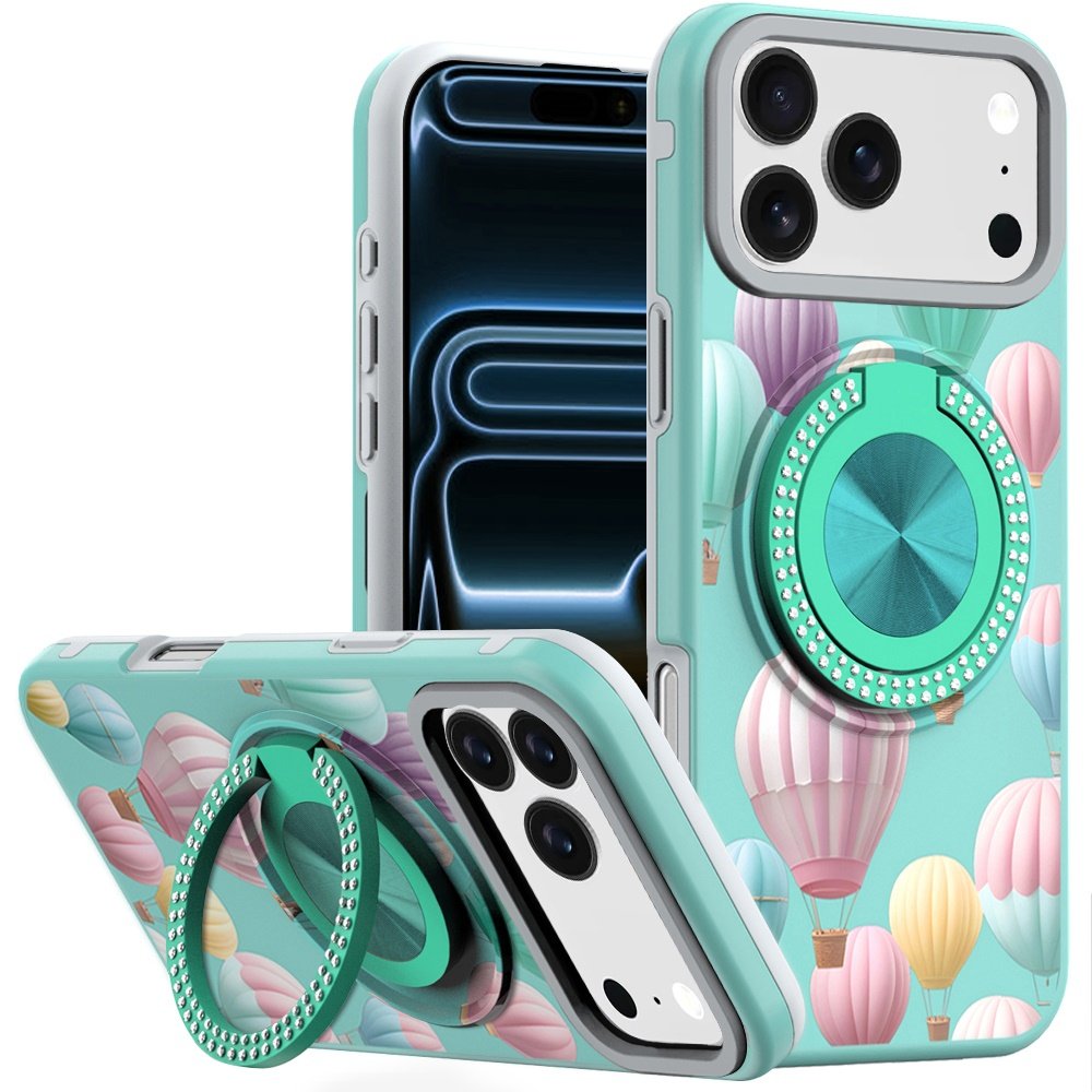 for iphone 17 pro max metal diamond cd pattern design matte finished hybrid with rotational ring [car mount friendly] case hot air balloon